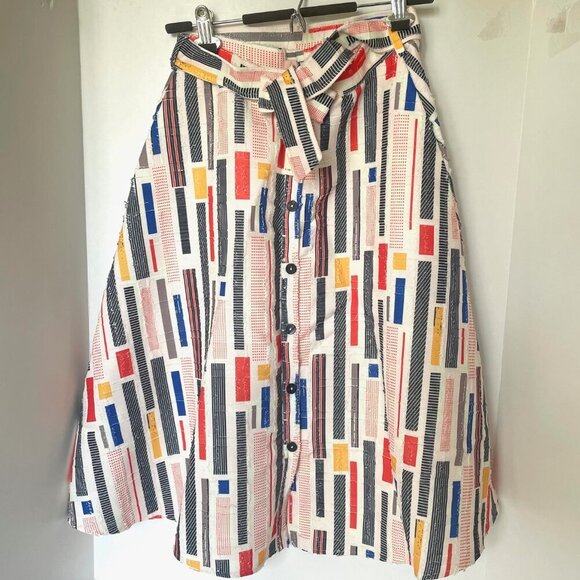 Anthropologie 50’s A-Line Midi Skirt 6 Button Front Striped Belted Pockets Hutch - Picture 3 of 9